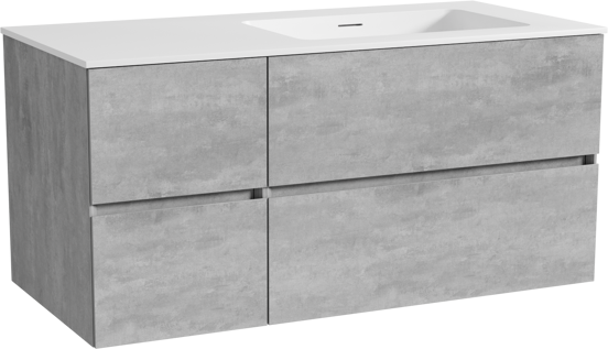 Storke Edge meuble salle de bains suspendu 110 x 52 cm béton gris foncé avec Mata plan vasque asymétrique à droite en solid surface blanc mat