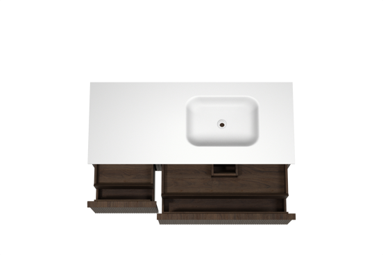 Balmani Forma meuble salle de bains suspendu 135 x 55 cm chêne fumé avec Tablo Arcato vasque asymétrique droite en solid surface blanc mat, Nervure droite symétrique verticale