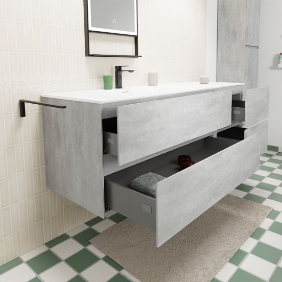 Storke Edge meuble salle de bains suspendu 150 x 52 cm béton gris foncé avec Mata plan vasque asymétrique à gauche en solid surface blanc mat