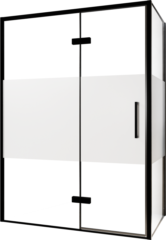 Balmani Senses Design douche en coin avec porte pivotante à gauche et paroi latérale fixe, 140 x 80 cm, Verre transparent avec bande matte, Profil noir