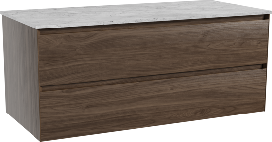 Balmani Mitra hängendes Möbelstück Set: 120 x 55 cm, Amerikanischer Nussbaum, mit Stretto Einzel- oder Doppel Waschtischplatte, Marmor Carrara