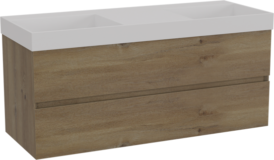 Storke Edge zwevend badkamermeubel 120 x 46 cm ruwe eik met Jura dubbele wastafel in solid surface mat wit
