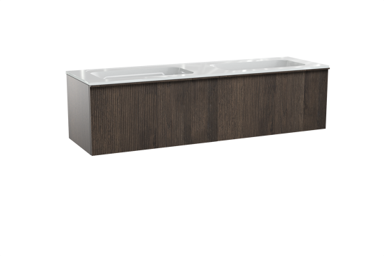 Balmani Forma zwevend badkamermeubel 180 x 55 cm gerookte eik met Tablo Strada dubbele wastafel in composietmarmer glanzend wit, Verticale symmetrische rechte ribbel