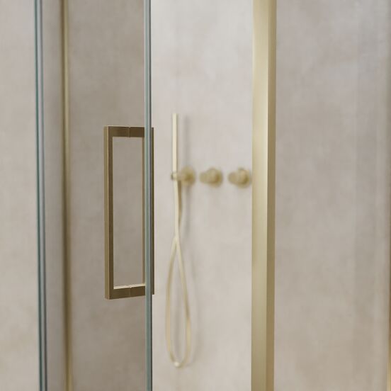 Balmani Senses Design douchehoek met linkse draaideur en vaste zijwand, 100 x 80 cm, Helder glas, Brushed Champagne Gold profielen, met coating