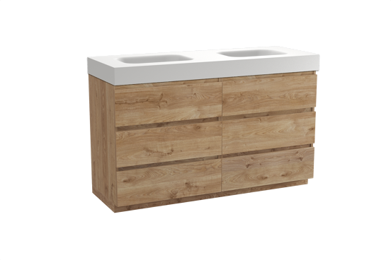 Balmani Lucida freistehendes Möbelstück Set: 150 x 55 cm, Rohe Eiche, mit Arcato Doppelwaschtisch, Solid Surface Weiß matt