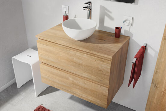 Linie Lado hängender Waschbeckenunterschrank: 80 x 46 cm, Eiche Natur, 2 Schubladen