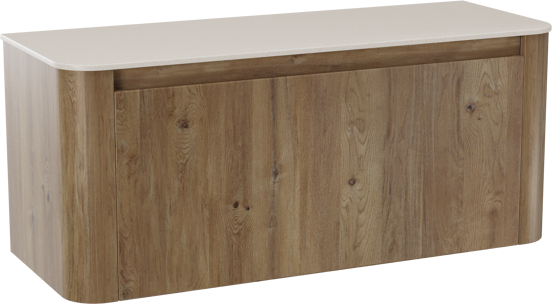 Storke Soft meuble salle de bains suspendu 120 x 46 cm chêne brut avec Tavola Soft tablette simple ou double vasque en Solid Surface beige granite