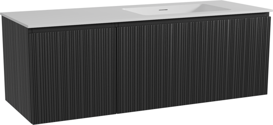 Storke Ribs zwevend badmeubel 140 x 52 cm zwart eiken met Mata asymmetrisch rechtse wastafel in solid surface mat wit, Verticale asymmetrische rechte ribbel