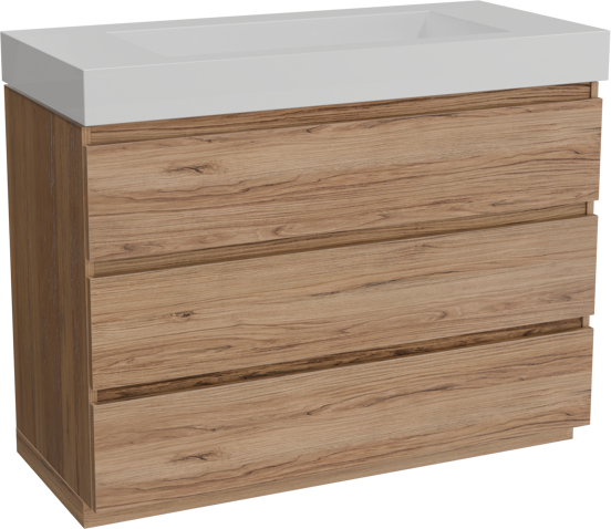 Balmani Lucida staand badkamermeubel 120 x 55 cm teak met Modus enkele wastafel voor 2 kraangaten in solid surface mat wit