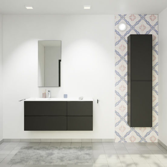 Storke Edge meuble salle de bains suspendu 120 x 52 cm noir mat avec Scuro High plan vasque asymétrique à gauche en quartz noir mat