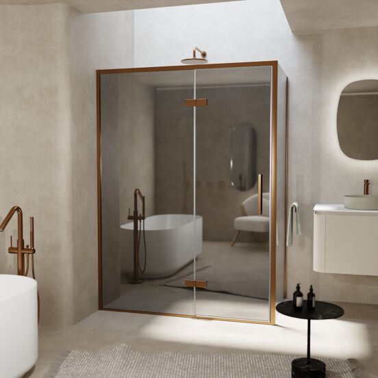 Balmani Senses Design douchehoek met linkse draaideur en vaste zijwand, 140 x 100 cm, Reflex spiegelglas, Brushed Rosegold profielen, met coating