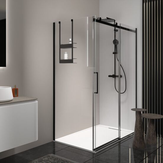Luca Varess Boltano paroi de douche avec porte coulissante et paroi latérale fixe, 140 x 90 cm, verre transparent, profil noir