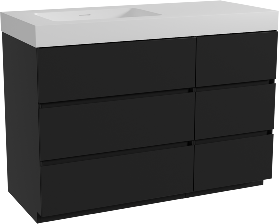 Storke Edge meuble salle de bains à poser 120 x 52 cm noir mat avec Mata High vasque asymétrique gauche en solid surface blanc mat