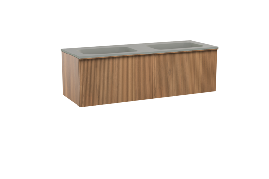 Balmani Forma zwevend badmeubel 150 x 55 cm teakhout met Tablo Strada dubbele wastafel in composietmarmer zijdegrijs, Verticale symmetrische rechte ribbel