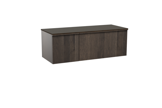 Balmani Forma zwevend badkamermeubel 135 x 55 cm gerookte eik met Sfera enkel of dubbel tablet in melamine eucalyptus, Verticale symmetrische rechte ribbel