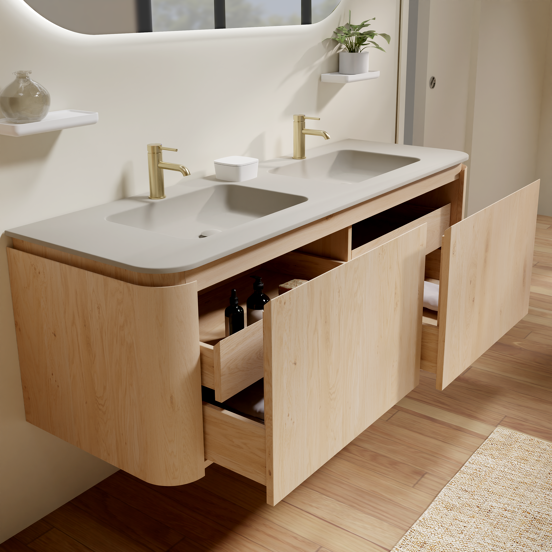Balmani Moon meuble salle de bains suspendu 160 x 55 cm chêne naturel avec Moon double vasque en top solid soie grise