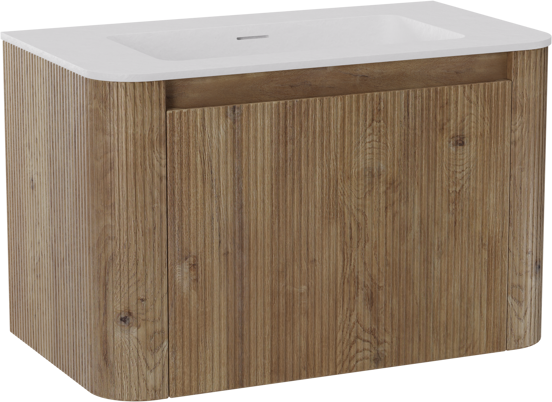 Storke Soft zwevend badkamermeubel 80 x 46 cm ruwe eik met Mata Soft enkele wastafel in solid surface mat wit, Verticale symmetrische rechte ribbel