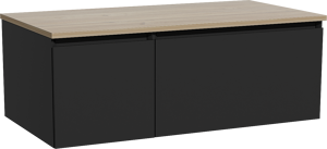 Storke Edge zwevend badkamermeubel 100 x 52 cm mat zwart met Panton enkel tablet in melamine ruwe eik