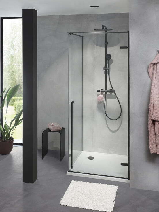Luca Varess Stilus douchecabine met rechtse draaideur en vaste zijwand 90 x 90 cm helder glas mat zwart profiel