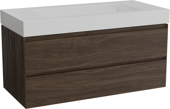 Balmani Mitra zwevend badkamermeubel 120 x 55 cm amerikaanse notelaar met Modus enkele wastafel voor 2 kraangaten in solid surface mat wit