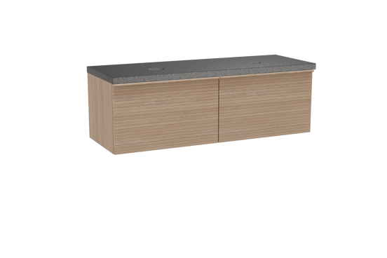 Balmani Forma zwevend badkamermeubel 150 x 55 cm natuur eik met Rock dubbel tablet in graniet zwart, Horizontale symmetrische rechte ribbel