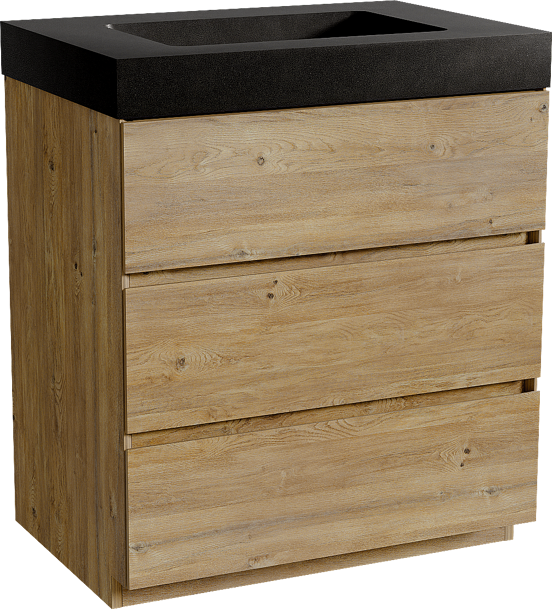 Storke Edge meuble salle de bains à poser 75 x 52 cm chêne brut avec Scuro High plan simple en quartz noir mat