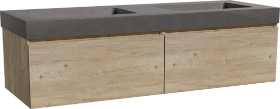 Storke Edge zwevend badmeubel 150 x 52 cm ruw eiken met Scuro High dubbele wastafel in kwarts mat zwart
