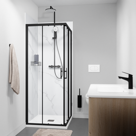 Linie Cadiz douchecabine met hoekinstap en dubbel schuifdeur 80 x 80 cm helder glas mat zwart profiel