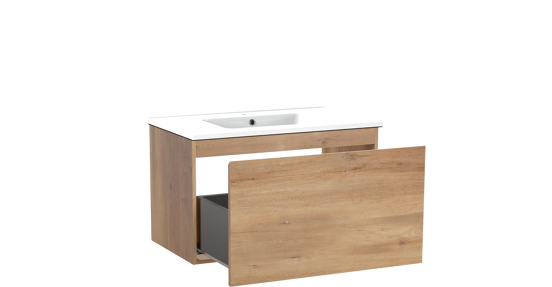 Linie Lado hängendes Möbelstück Set: 80 x 46 cm, Naturbelassene Eiche, mit Vano Einzelwaschtisch, Marmorkomposit Weiß glänzend