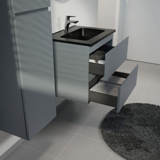 Linie Lado meuble salle de bains suspendu 60 x 46 cm bleu anthracite avec Vano plan simple en marbre composite noir mat