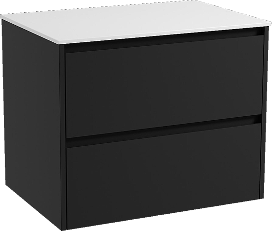 Storke Seda hängendes Möbelstück Set: 75 x 52 cm, Schwarz matt, mit Tavola Einzel Waschtischplatte, Solid Surface Weiß matt