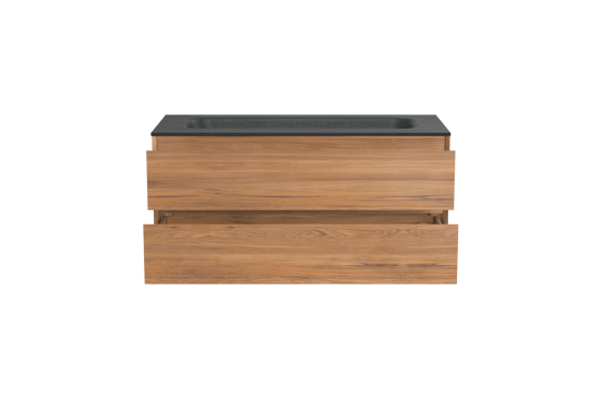 Balmani Mitra meuble salle de bains suspendu 120 x 55 cm teck avec Tablo Arcato lavabo simple pour 2 trous de robinet en granit noir