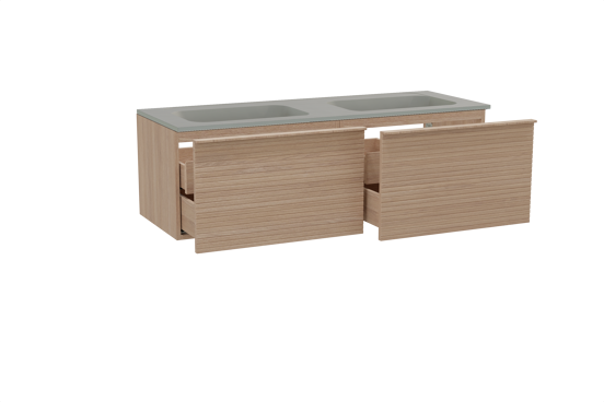 Balmani Forma meuble salle de bains suspendu 150 x 55 cm chêne naturel avec Tablo Strada double vasque en marbre composite soie grise, Nervure droite symétrique horizontale