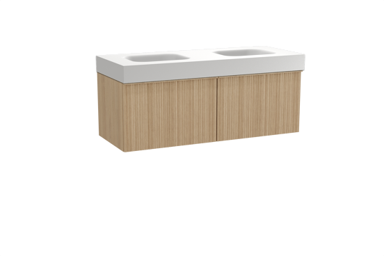 Balmani Forma zwevend badkamermeubel 135 x 55 cm natuur eik met Arcato dubbele wastafel in solid surface mat wit, Verticale asymmetrische ronde ribbel