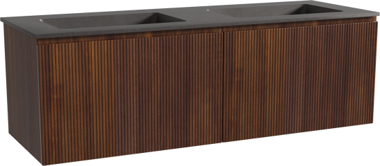 Storke Ribs zwevend badmeubel 150 x 52 cm notenhout met Scuro dubbele wastafel in kwarts mat zwart, Verticale symmetrische rechte ribbel