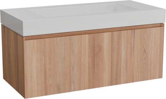 Balmani Idra hängendes Möbelstück Set: 120 x 55 cm, Teak, mit Modus Einzelwaschtisch für 2 Armaturenlöcher, Solid Surface Weiß matt