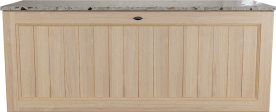 Balmani Lemon zwevend badkamermeubel 135 x 55 cm, fineer natuur eik met Stretto enkel of dubbel tablet in greige terrazzo