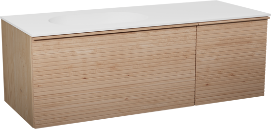 Balmani Forma meuble salle de bains suspendu 135 x 55 cm chêne naturel avec Tablo Oval vasque asymétrique gauche en solid surface blanc mat, Nervure droite symétrique horizontale