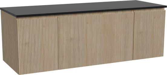 Storke Ribs zwevend badkamermeubel 145 x 52 cm ruwe eik met Panton enkel of dubbel tablet in gepoedercoate mdf mat zwart, Verticale symmetrische rechte ribbel