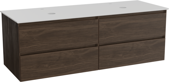 Balmani Mitra hängendes Möbelstück Set: 150 x 55 cm, Amerikanischer Nussbaum, mit Facetta Doppel Waschtischplatte, Solid Surface Weiß matt