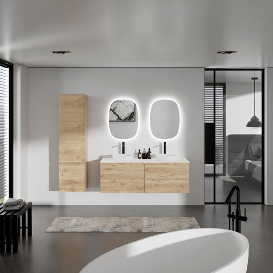 Balmani Lucida meuble salle de bains suspendu 150 x 55 cm chêne brut avec Stretto tablette simple ou double en solid surface blanc mat