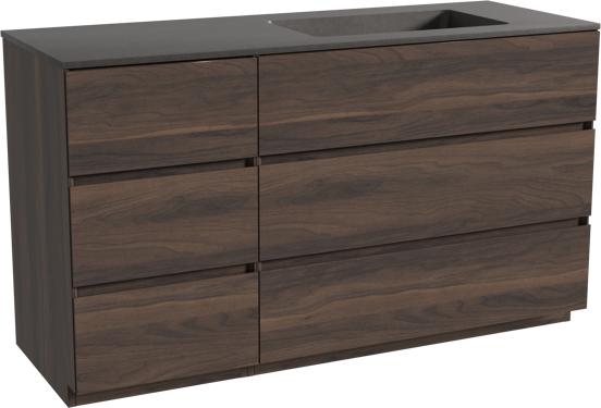 Storke Edge staand badkamermeubel 140 x 52 cm notelaar met Scuro asymmetrisch rechtse wastafel in kwarts mat zwart