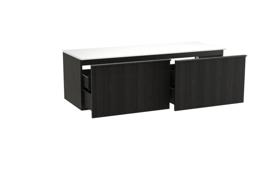 Balmani Forma meuble salle de bains suspendu 150 x 55 cm chêne noir avec Stretto tablette simple ou double en solid surface blanc mat, Nervure droite symétrique verticale