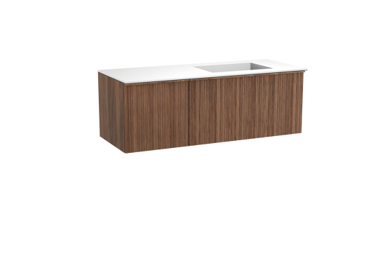 Balmani Forma zwevend badkamermeubel 135 x 55 cm amerikaanse notelaar met Tablo Stretto asymmetrisch rechtse wastafel in solid surface mat wit, Verticale asymmetrische ronde ribbel