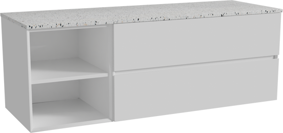 Storke Edge meuble salle de bains suspendu 150 x 52 cm blanc brillant avec Tavola tablette simple ou double en blanc/noir mat terrazzo