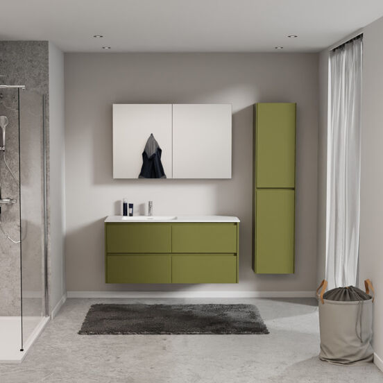 Storke Seda zwevend badkamermeubel 130 x 52 cm olijfgroen met Mata asymmetrisch linkse wastafel in solid surface mat wit