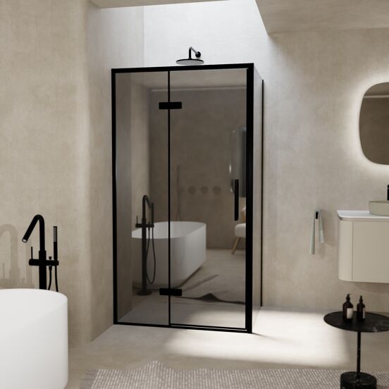 Balmani Senses Design douchehoek met linkse draaideur en vaste zijwand, 100 x 100 cm, Reflex spiegelglas, Zwarte profielen, met coating