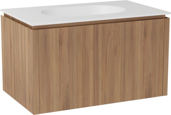 Balmani Eclips zwevend badkamermeubel 90 x 55 cm Teak met Tablo Oval enkele wastafel in Solid Surface mat wit