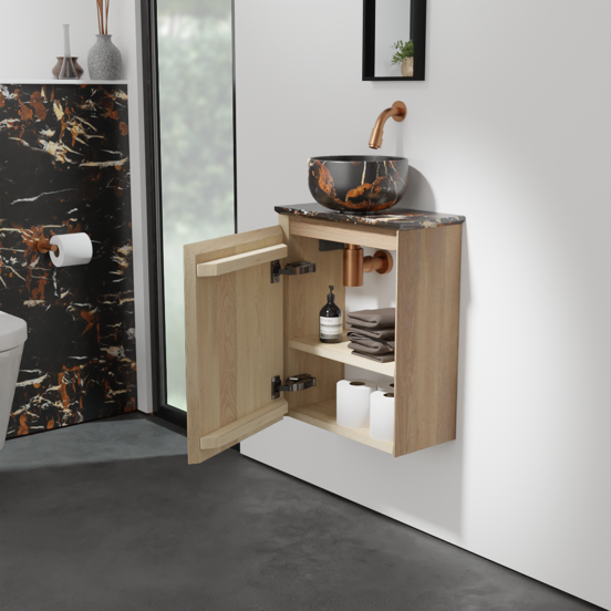 Balmani Mitra zwevend toiletmeubel 42 x 21 cm natuur eik met Facetta tablet en Bowl waskom in Portoro Gold marmer