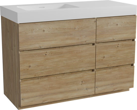 Storke Edge freistehendes Möbelstück Set: 120 x 52 cm, Rohe Eiche, mit Mata High Waschtisch links, Solid Surface Weiß matt